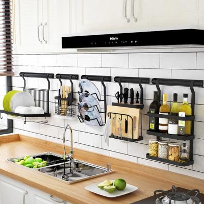 China Modern Kitchen Hanger Hanging Rod Pot Lid Organizer Black Metal Stainless Steel Wall Mounted Dish Rack for sale