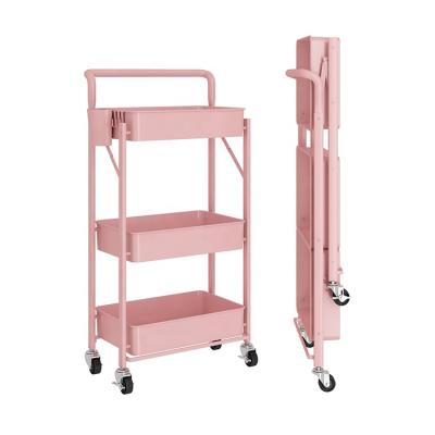 China 3-Layer Multifunctional Easy Folding Kitchen Living Room Trolley Storage Trolley (Pink) for sale