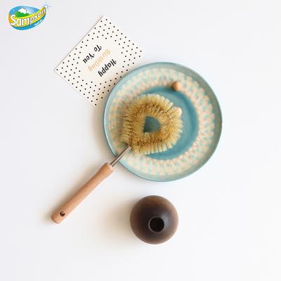 China Customized Sustainable Logo Power Wooden Kitchen Natural Fiber Pot Pan Dish Beech Wood Cleaning Scrub Brush for sale