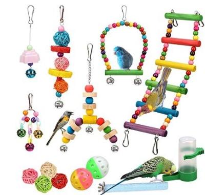 China Stocked Parrot Toys Bird Swing Toys Bells Bird Perch With Wooden Beads Bells Hanging Toys for sale