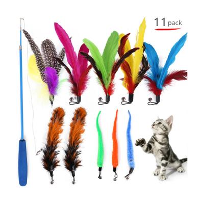 China Cat Feather Toy Retractable Viable Cat Plays Cat Teaser Wand Interactive Toy Set for sale