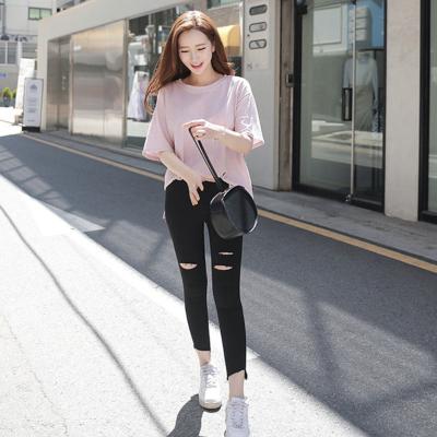 China New thin ripped nine-point antibacterial women's clothing feet pencil pants beggars leggings summer high tight waist black for sale