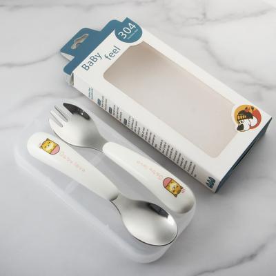 China Lovely Sustainable High Quality Baby Fork and Spoon Set 304 Stainless Steel Baby Fork and Spoon with PP Handle Silver Baby Spoon for sale