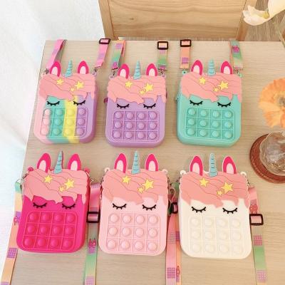 China Silicone Unicorn Crossbody Bag Lady Fidget Toys Push Lovely Pop Purse Shoulder Bag For Kids for sale