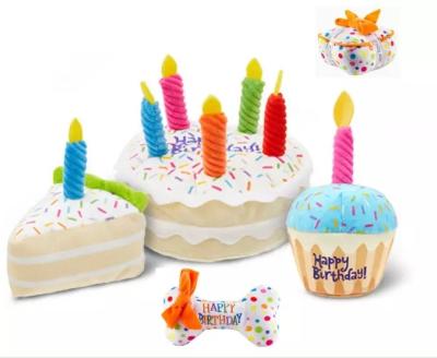 China Custom Viable Stuffed Toy Happy Birthday Cake Squeaky Pet Birthday Party Plush Dog Toys With Candles for sale