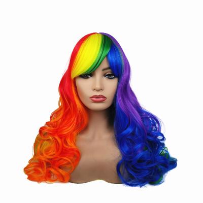 China Good Quality Deep Wave 28inch 280G Party Cosplay Party Cerly Orange Long Wave Women's Synthetic Wigs Green Blue Purple Yellow Red Color Synthetic Wigs for sale