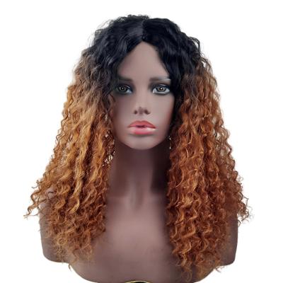 China HOT Selling High Quality Afro Curly Pre Plucked Ombre Fiber 21inch 230g Curly Frontal Brown Hair Heat Resistant Synthetic Wigs for sale