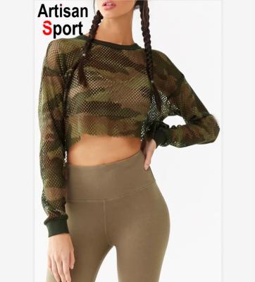 China Dongguan QUICK DRY Spring Fall Long Sleeved Camouflage Military T-shirts Sexy Loose Cropped Tee Custom Design Latex Woman Fitness Top for sale