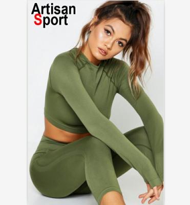 China Khaki Breathable Sexy Seamless Long Sleeve Crop Top Fitness Yoga Sports Bra And Work Out Leggings Gym Wear Athletics Running Set for sale