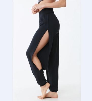 China New Breathable Women Loose Elastic Waist Cotton Trousers Ankle Length Sporty Solid Casual Harem Pants Long Slit-leg Joggers Pants for sale