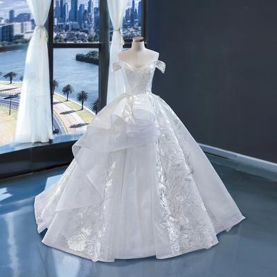 China Luxury Strapless Princess Flower Dry Cleaning Lace Wedding Dress Ball Gown Pompous Wedding Dress Custom Made Tail Fashion for sale