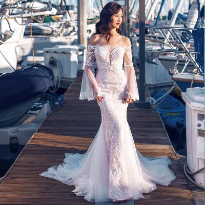 China Custom Embroidered Wedding Dress Mermaid Wedding Dress Women V Neck Sleeveless Dry Cleaning Long Lace Deep Tail Petite for sale