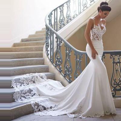 China Custom Made Luxury Embroidered Dry Cleaning Lace Small Tail Women Wedding Dress Mermaid Wedding Dresses for sale