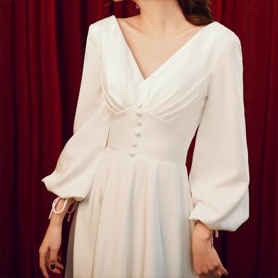 China Hot Selling Simple Dry Cleaning V-Neck Long Sleeve Women Wedding Dress Satin Bridal Gowns For Women Wedding Dresses for sale