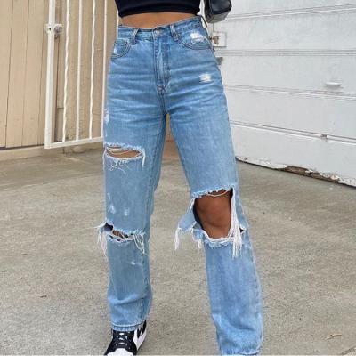 China Color Fade Proof Hot Selling Fashion Women's Jeans Slightly Ripped Distressed High Rise Women's Jeans Women's Jeans for sale