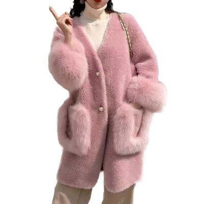 China Reversible Real Sheep Fur Coat Long Style Fox Real Fur Collar Cuffs Wool Winter Women Elegant Shearling Lamb Fur Coat With Pocket for sale