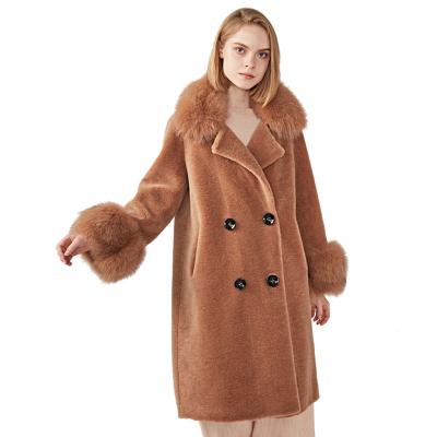 China Factory Sale Reversible Hot Women Fashion Wool Coat Wholesale Real Sheep Fur Long Real Fox Fur Spring Winter 100% Wool Coat for sale