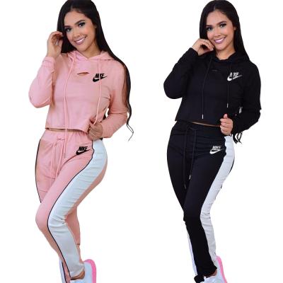 China 2021Best Pullover Crop Hoodie Drawstring Waist Women Jogger Breathable Tracksuit Striped Patchwork Long Sleeve Pencil Pants 2 Piece Set for sale