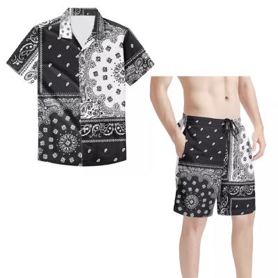 China Polyester / Cotton Customized Mens Short Sleeve Button Shirt And Beach Stretch Waist Pants Fits Paisley Design Bandana Print Mens Clothing Suits 5XL for sale