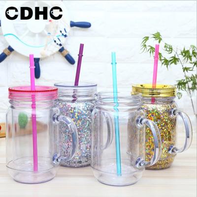 China Wholesale 500ml Viable Mason Jars With Handle Double Walled Plastic Bottle Tumbler Acrylic Mason Jars With Straw for sale