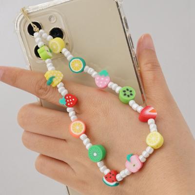 China 2021 Cute Heishi Beaded Colorful Acrylic Fruit Beads Cell Phone Straps String Accessories Long Charm Bracelet Pastel Rope for sale