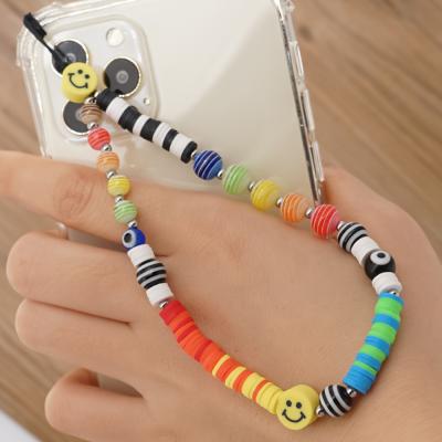 China Cute Fashion Smiling Face Polymer Clay Beaded Phone Chains Handmade Colorful Rainbow Cute Bead Phone Strings for sale