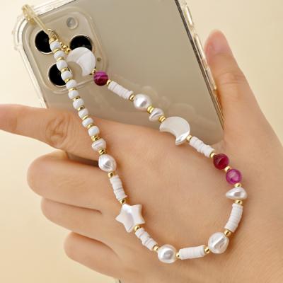 China Cute Phone Chain Lanyard Shell Moon Star Beads Pearl Cell Phone Strap Soft Pottery Rope For Cell Phone Case Hanging Rope For Women for sale