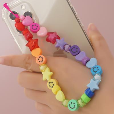 China DIY Cute Girls Heart Smile Face Star Charms Phone Chain Polymer Clay Rainbow Bead Mobile Phone Case Straps for sale