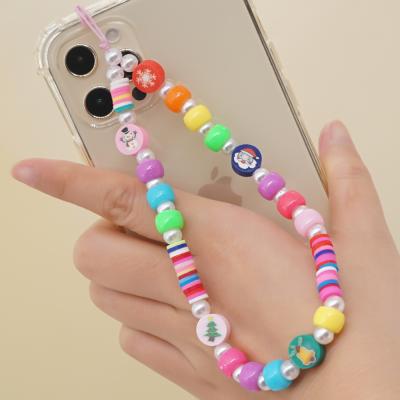 China Cute Christmas Charm Cell Phone Chain Polymer Acrylic Clay Beaded Phone Strap Chains Accessories for sale