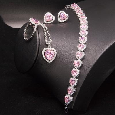 China TRENDY Valentine Jewelry Sets AAA Silver Cubic Zirconia CZ Zircon Rose Heart Necklaces Stud Earrings 4pcs Ring Wedding Jewelry Sets for sale