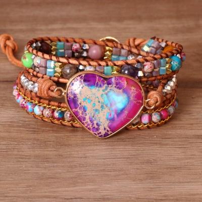 China Dropshipping Jewelry Bohemian Heart Shape Leather Wrap BOHEMIA Jewelry Bracelet 3 Layer Beads Natural Stone Bracelets for sale