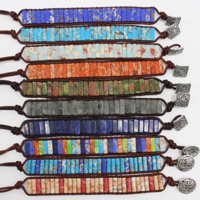 China BOHEMIA Bohemian Tube Handmade Emperor Natural Stone Beads Leather Wrap Chakra Braided Bracelets for sale