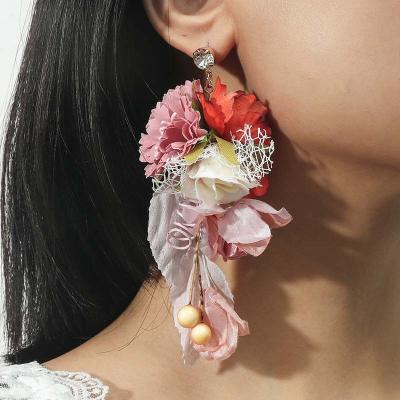 China 2021 FASHIONABLE Big Flower Bohemian Earrings Art Cloth Gauze Statement Hot Selling Earrings For Wedding Party for sale