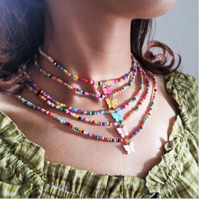 China BOHEMIA Short Neck Bohemian Chain Beaded Shell Butterfly Pendant Colorful Seed Bead Necklace Fashion Choker For Women for sale