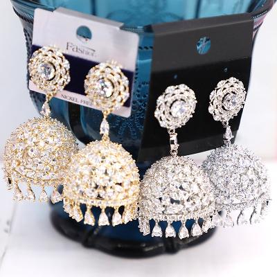 China 2021 FREE SHIPPING FASHIONABLE Jhumka Gold CZ Indian Wedding Jewelry Luxury Chandelier Earrings Dangling Earrings for sale