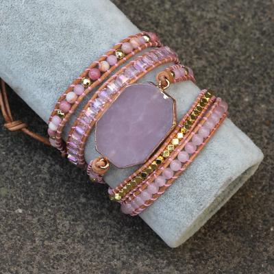 China Handmade Vacation Rose Quartz Bracelets For Women Beach Boho Jewelry Natural Stone 5 Wraps BOHEMIA for sale