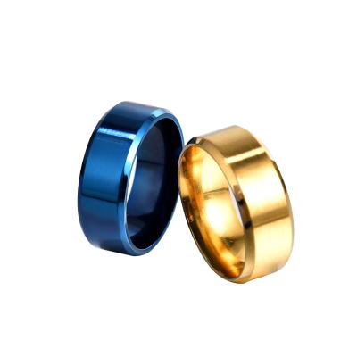 China Environmental friendly hot sales promotions 8mm width gold stainless steel silver blue black ring mild titanium steel ring for men male jewelry for sale