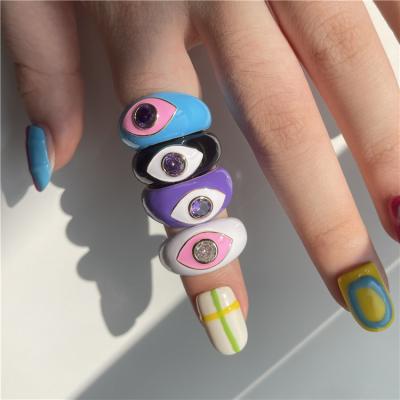 China Fashion TRENDY Zircon Ring High Quality Gold Plated Colorful Enamel Evil Eye Rings For Women for sale