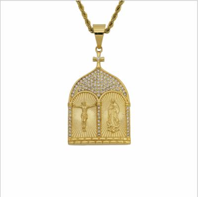 China Cubic Zirconia Jesus Cross Virgin Mary Religious Titanium Steel American Gold Plated Church Religious Necklace for sale