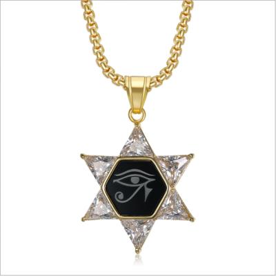 China Egyptian Religious Mens Stainless Steel Eye of Horus Pendant Gold Iced Out CZ Zircon Hip Hop Hexagram Star Necklace for sale