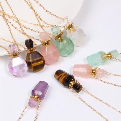 China FASHIONABLE Natural Amethyst Rose Quartz Tiger Eye Gemstone Perfume Bottle Essential Oil Stone Pendant Necklaces For Women for sale