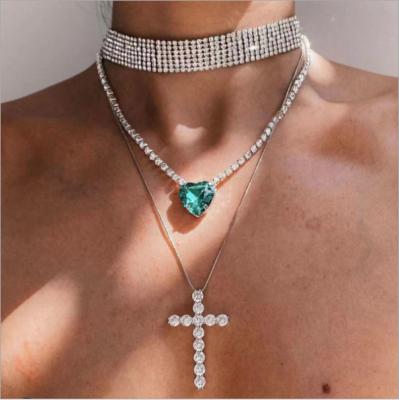 China Going Out CZ Choker Necklace Luxury Bling Romantic Rhinestone Heart Cross Iced Crystal Pendant 3 Layers Necklace For Women for sale