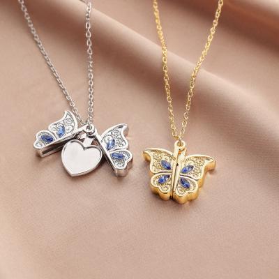 China Fashionable Custom Photo Necklace Women Crystal Butterfly Shape Openable Locket Rhinestone Necklace for sale