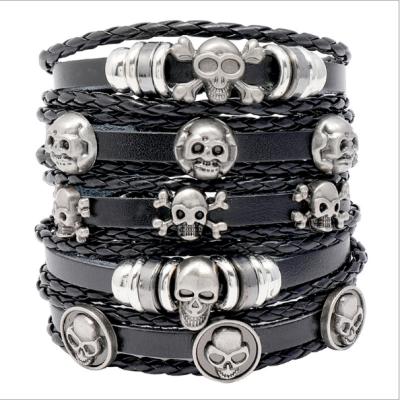 China Mens Skull Punk Handmade Accessories Leather Wrap Bracelet Men Custom Handmade Multi Layer Rope Leather Bracelet Men for sale