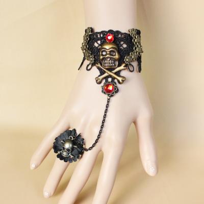 China 2021 Vintage Hand Jewelry Halloween Vampire Black Lace Pirate Skull Bracelet With Ring Wholesale for sale