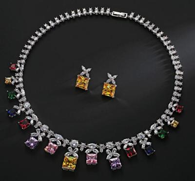 China Princess Cut Rainbow AAA Zircon CZ Necklace Earring Jewelry Set FASHIONABLE Luxury Women Bridal Wedding Bling Jewelry Set for sale