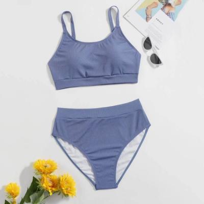 China 2021 foreign trade solid color export spot high waist windproof sexy swimwear middle waist gathered bikini for sale