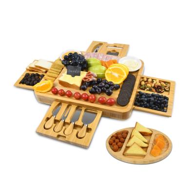 China Viable Multifunctional Bamboo Cheese Board Kitchen Knife Set Large Shelf Snack Board With Meat Cutting Tray for sale