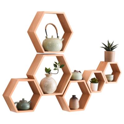 China Nordic Rustic Wooden Room Decor Living Room Decor Hexagonal Hanging Wall Mounted Floating Shelf For Home Bedroom for sale