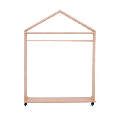 China Factory Price Sustainable House Shaped Simple Kids Clothing Display Stand Wooden Clothes Rack for sale